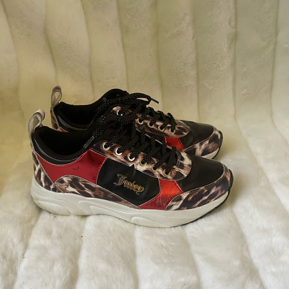 Juicy Couture Leopard prints & Red metallic sneakers  gold tone  accents SZ10